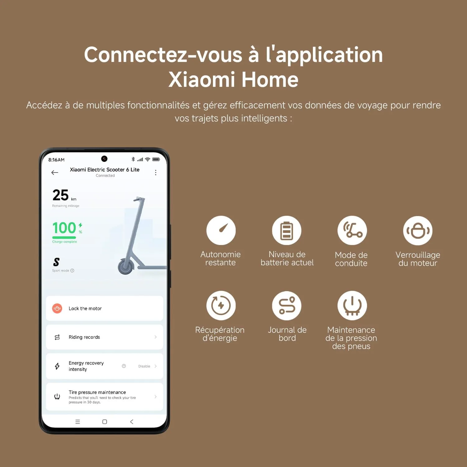 App Xiaomi Home conectada al scooter, con autonomía restante, batería y modo de conducción